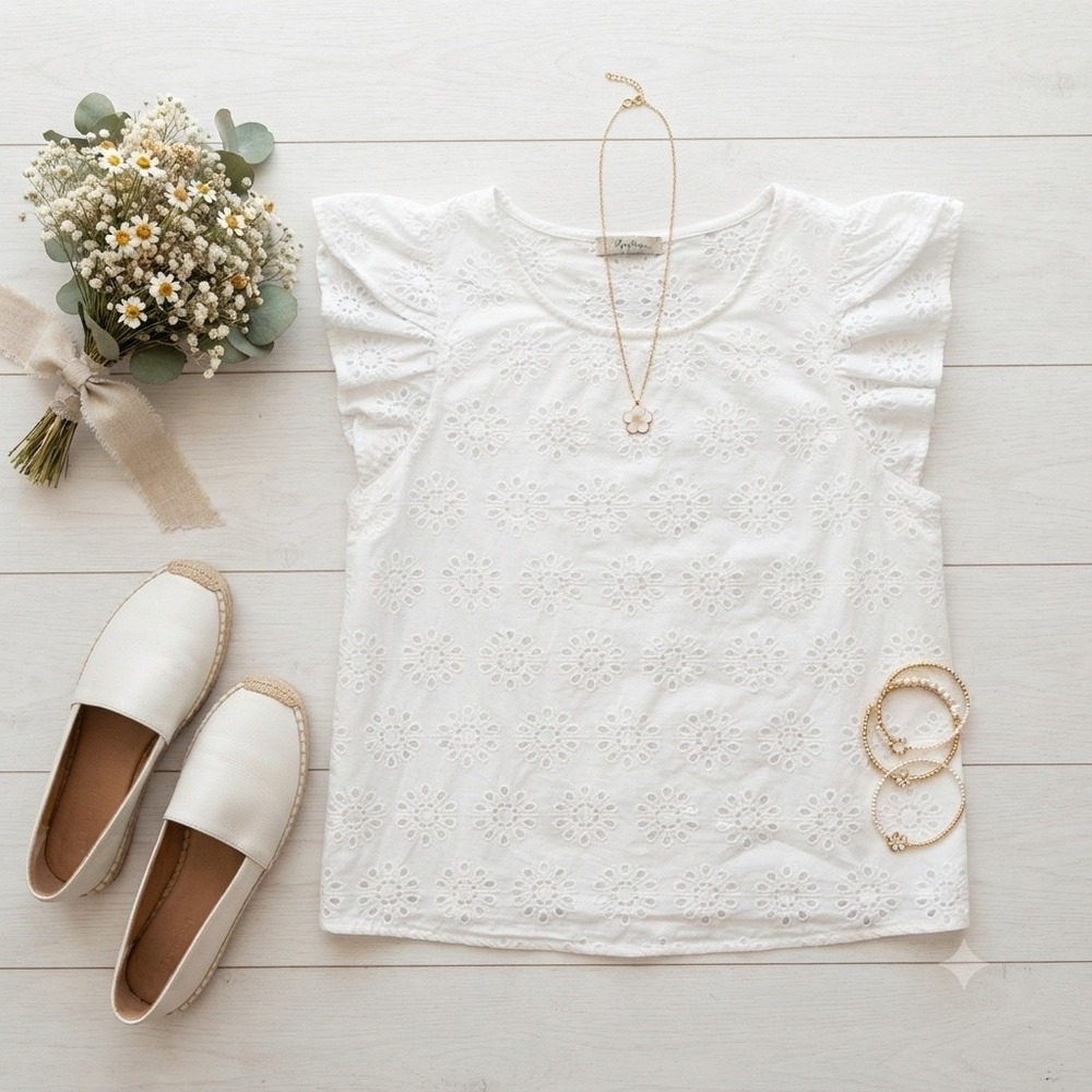 Lungo L'Arno White‎ Eyelet Lace Flutter Sleeve Cotton Blouse Made in Italy 1X